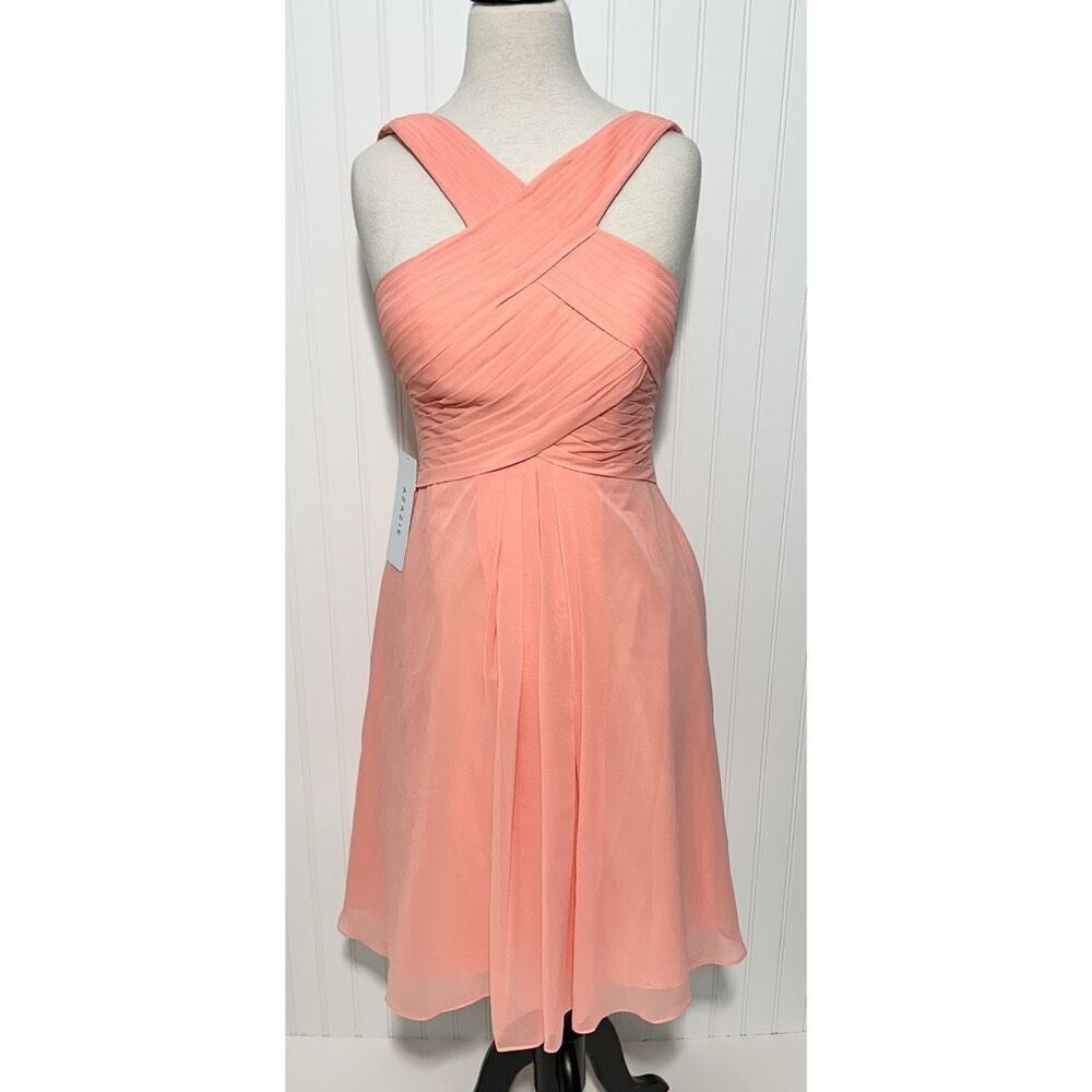 Azazie Women's Amani‎ Bridesmaid Mini Dress Criss Cross Halter Neck Coral Size 8